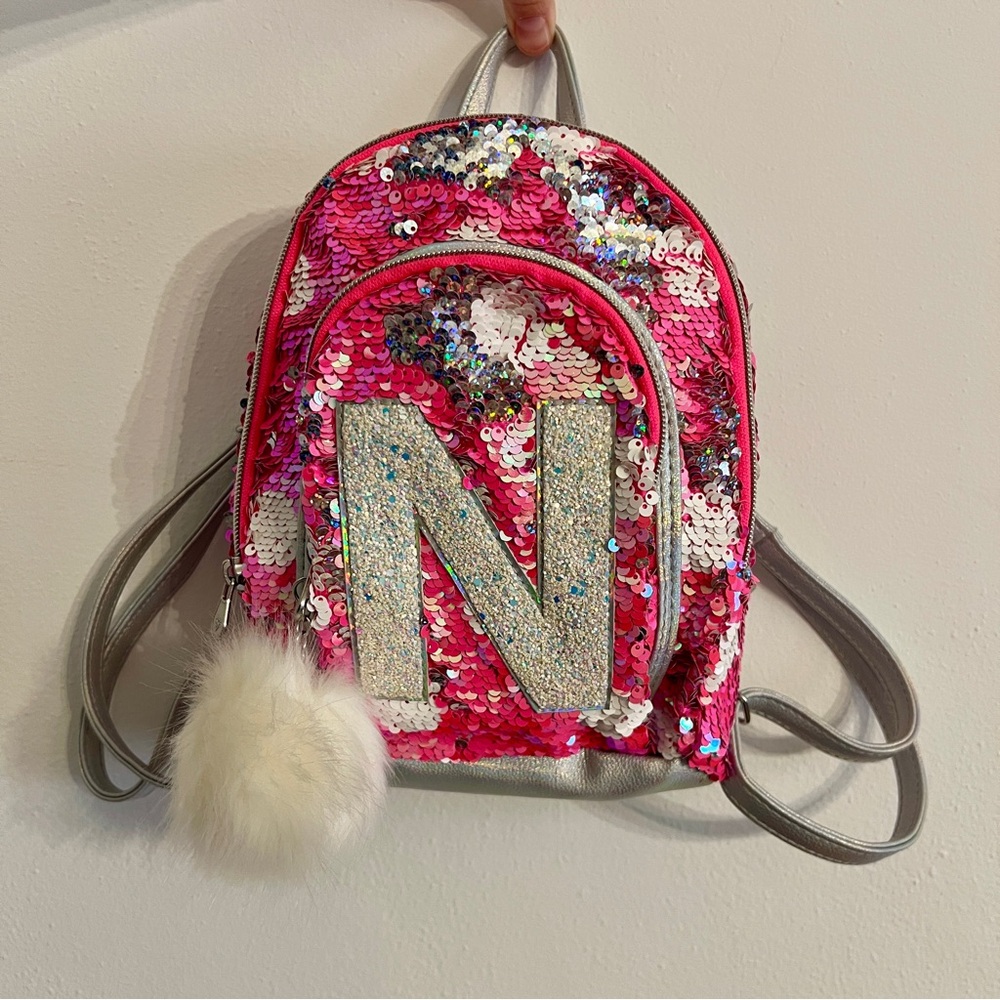 Justice Girls Hot Pink +White Flip Sequin Initial Mini Backpack Letter N